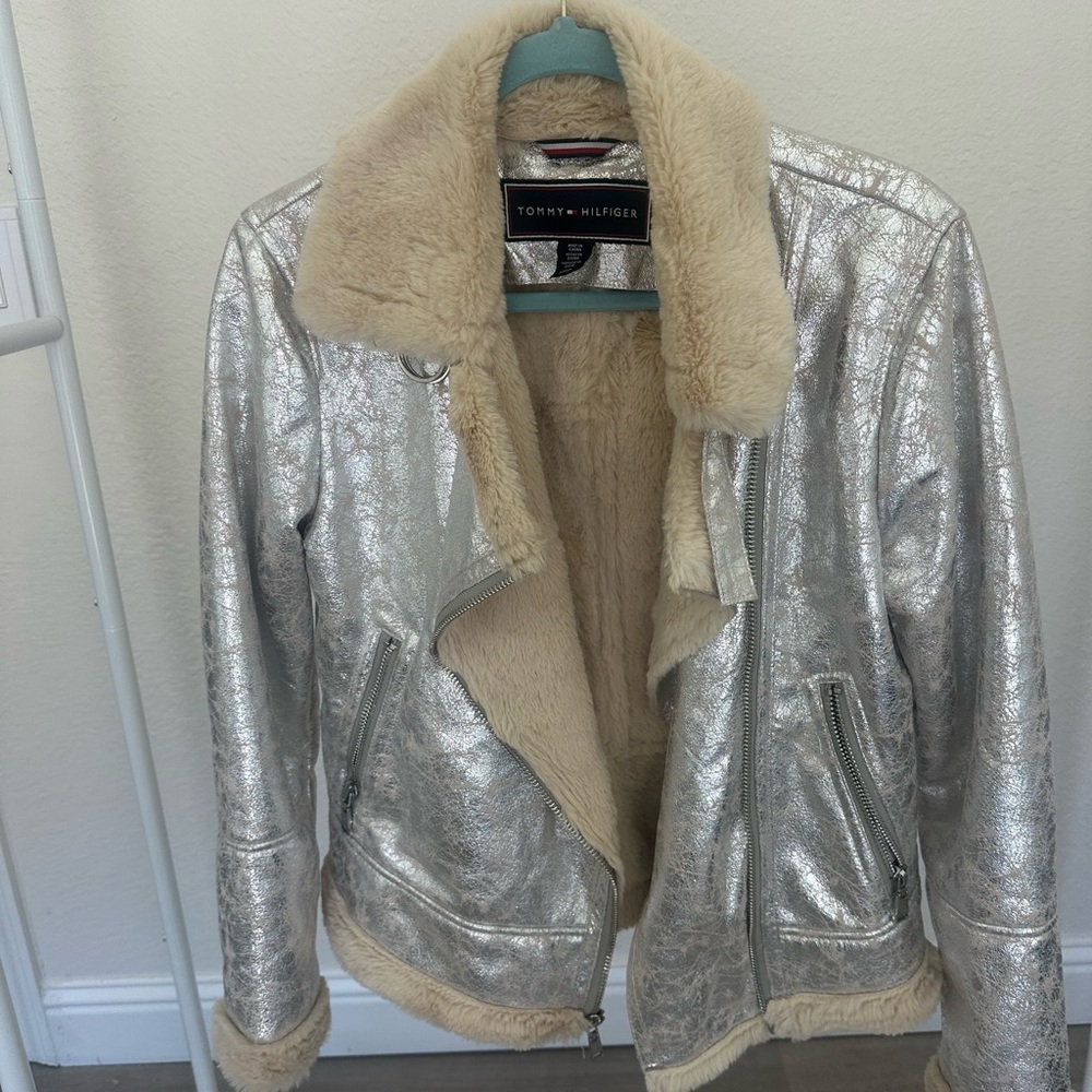 Tommy Hilfiger Silver Metallic Shearling Biker Jacket